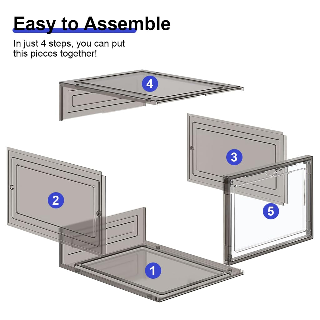 HANNEA 4 Packs Shoe Box Plastic Shoe Storage Separate Shoe Box with Magnet Door Stackable Shoe Organizer Universal Size Sneaker Shoe Box for Men Shoes Box for Women, 27x34x19cm HANNEA 4 Packs Shoe Box Plastic Shoe Storage Separate Shoe Box with Magnet Door Stackable Shoe Organizer Universal Size Sneaker Shoe Box for Men Shoes Box for Women, 27x34x19cm